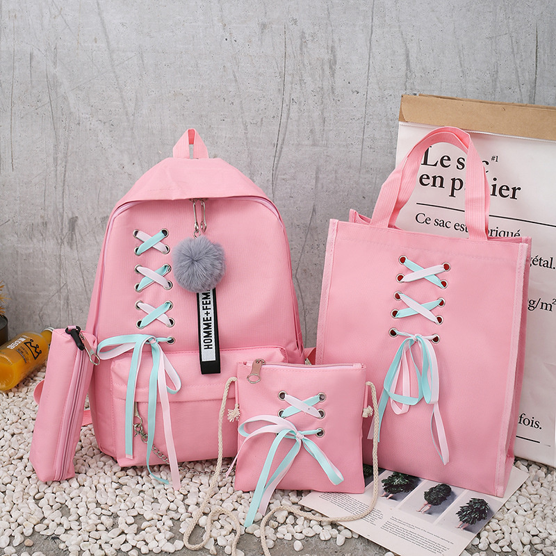 Sac À Dos En Toile populaire Femelle Arc Ruban Campus Étudiant Sac À Dos Décontracté Enfants Emballage De Quatre pièces: pink