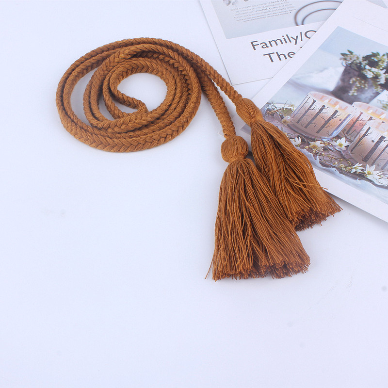 Ceinture tressée à pompons pour femmes, , tissage torsadé, ceinture tricotée, ULdécorée pour robes, chemise marron, ficelle en coton noir