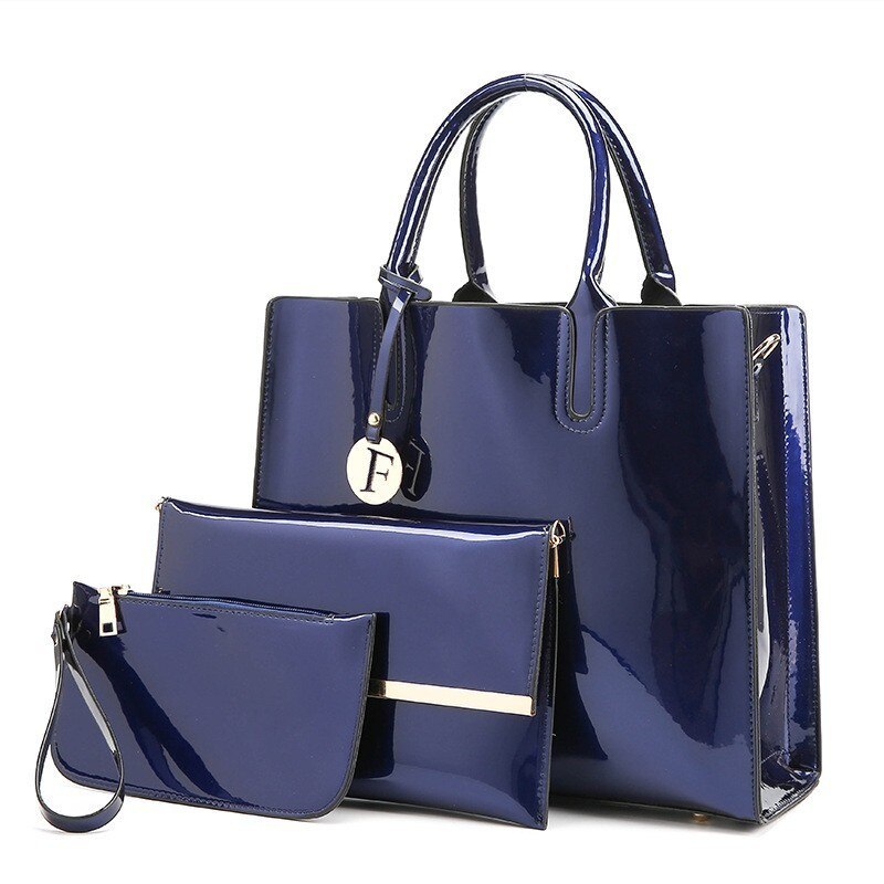 Herald brillant solide en cuir verni femmes sacs dames Simple luxe 3 ensembles sacs à main décontracté femme sacs à bandoulière: Blue3