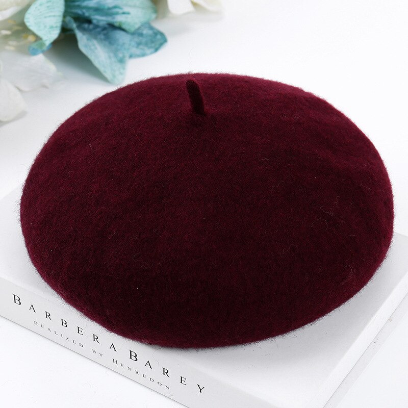 Cheap Women Winter Wool Beret French Hat Female Solid Color Bonnet Beret Hat Girls Thick Warm Walking Hat 15 Color: wine red