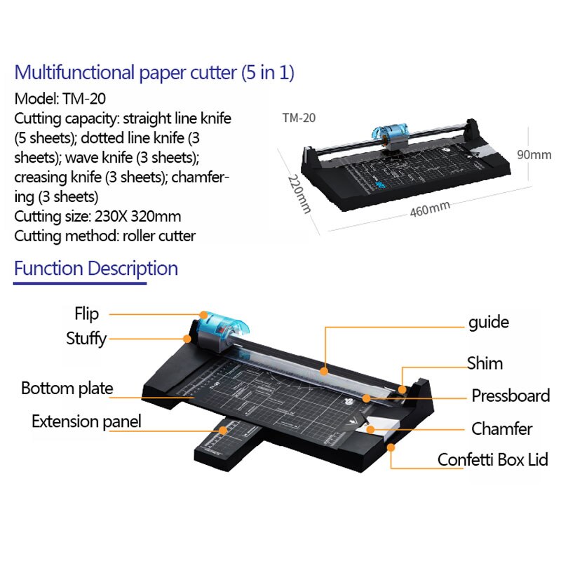 5in 1 papierschneider  a4 tm-20 multifunktions-papierschneider manuell papierschneiden papiermesser foto einbuchtung gestrichelte linie kurve xh