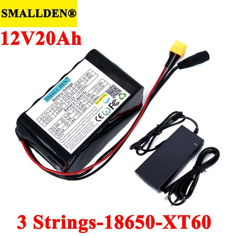11.1v/12v 20ah 18650 lithium genopladeligt batteri 20000 mah med pcb til broklampe, forstærkere, overvågning + 12.6v oplader
