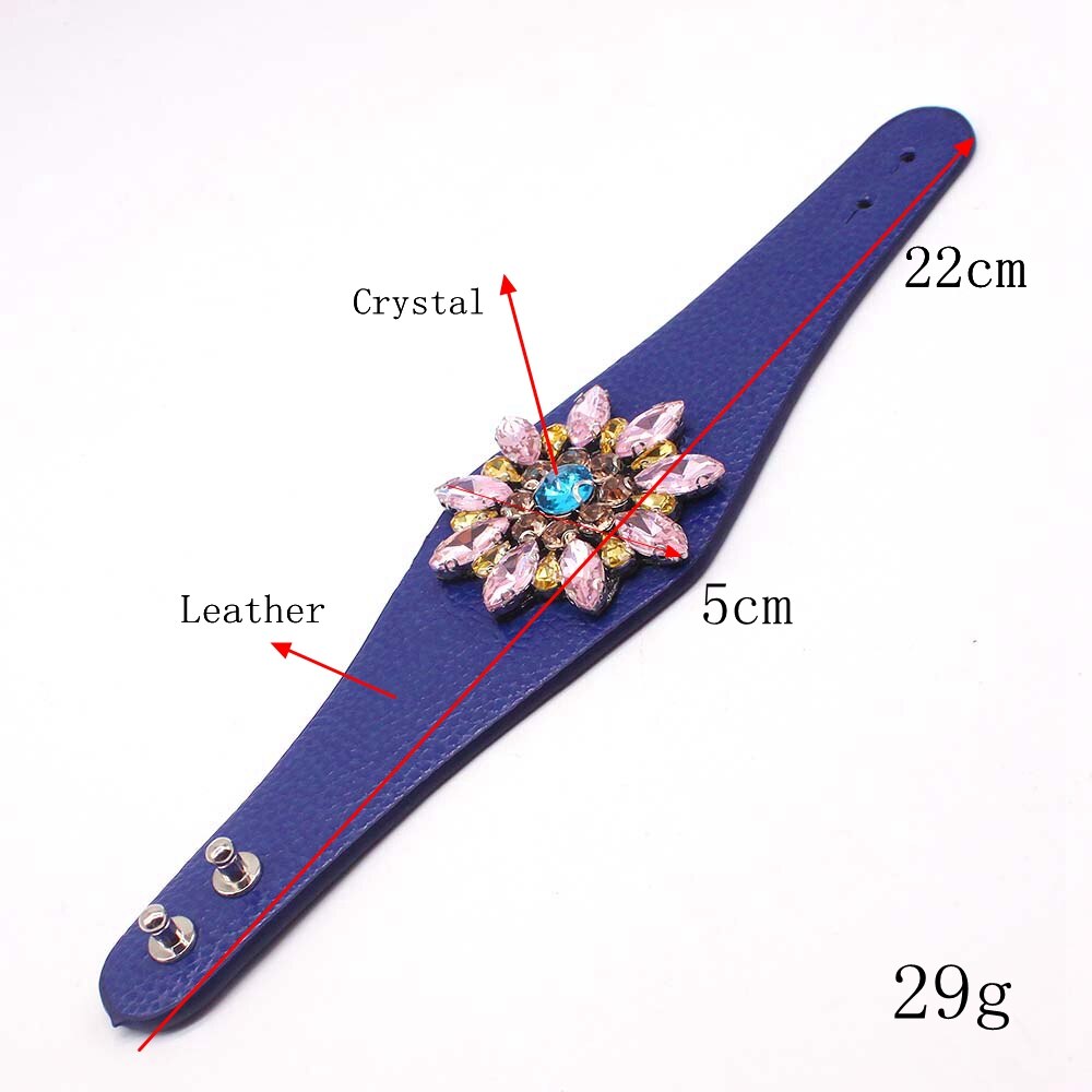 D&amp;D European Punk Wide Crystal flowers Leather Bracelets &amp; Bangles for Women Cuff Bracelet Statement Jewelry