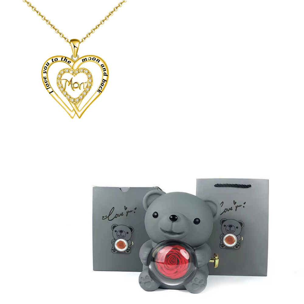 Collares con colgante de mamá de circón en forma de corazón con caja de de flor rosa de oso bonito adecuada para Navidad Día de la madre sorpresa romántica: Oro oscuro