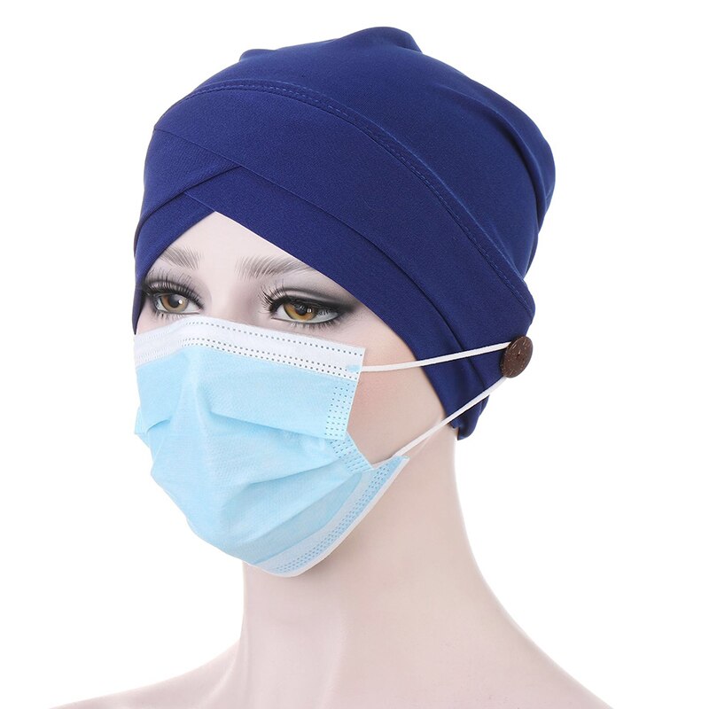 Turbante elástico de algodón para mujer, gorro de bufanda, gorro interior, gorro de enfermera con botón, oferta: Azul real