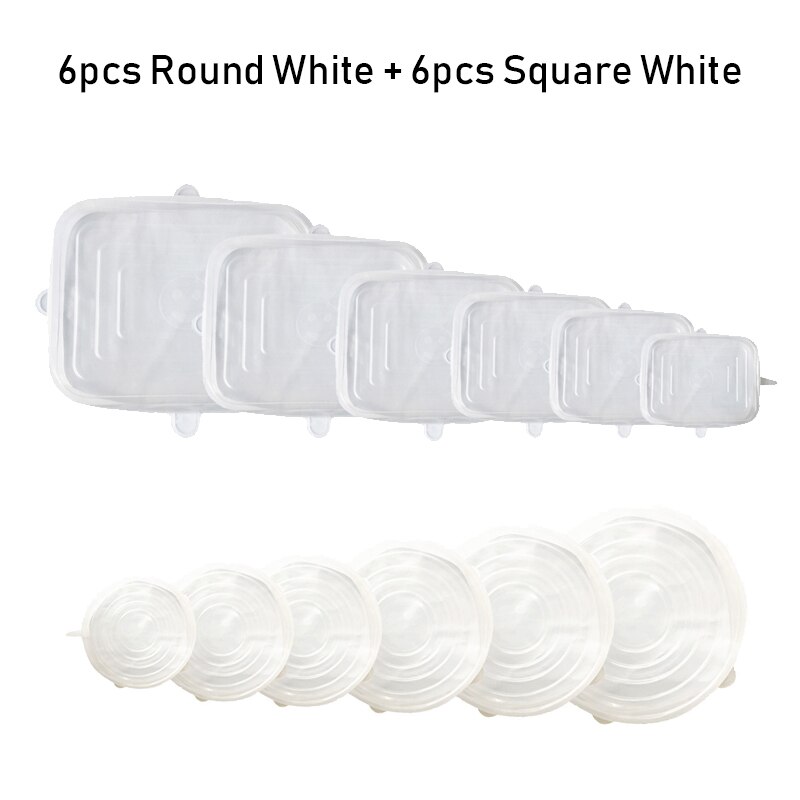 Set de couvercles réutilisables universels pour nourriture, 12 pièces, protection alimentaire en Silicone extensible, capuchon magique pour aliments, pour la nourriture: 6roundWhitesquare