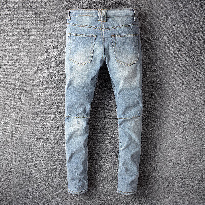 KIMSERE Mens Hi Street Ripped Biker Jeans Pants Pleated Motorcycle Denim Trousers With Holes Moto Jeans Plus Size 28-40