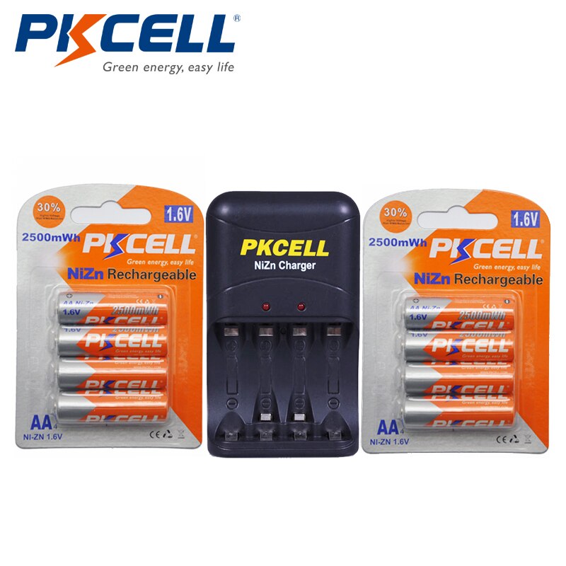 8Pcs/2Pack Pkcell 1.6 V Nizn Aa Oplaadbare Batterijen Ni-Zn 1.6 Volt 2500mWh Aa Batterijen + 1Pcs Aa/Aaa Nizn Batterij Oplader