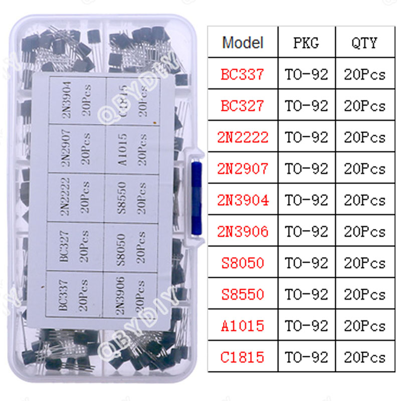 TO-92 TO-92L TO-126 TO-220 Serie Mosfet Triodo Tiristor PNP NPN Transistor Surtido Kit Caja: Azul cielo