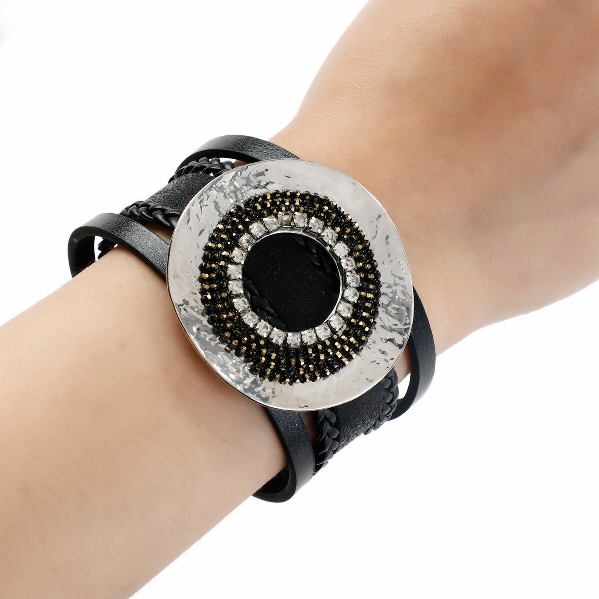 Amorcome Grote Metalen Ronde Charm Lederen Armbanden Voor Vrouwen Wide Wrap Armbanden Statement Sieraden