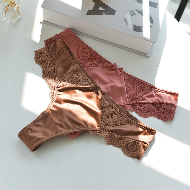 High-end Silky Underwear Women Thongs Hollow Lace Seduction Triangle Satin Medium Low-waisted Sexy T-less Women's Panties