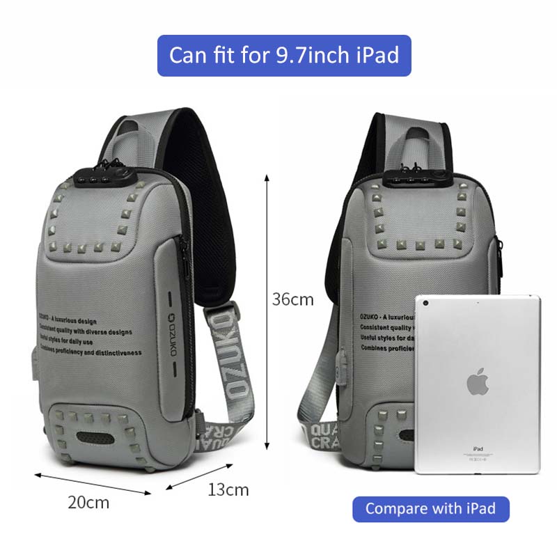 OZUKO Schoudertas Mannen USB Waterdichte Messenger Bag Borst Pakken Anti-diefstal Lock Crossbody Tassen voor Mannen Sling Bag fit 9.7 "iPad