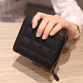 Femmes portefeuilles courts en cuir PU femme Plaid sacs à main Nubuck portefeuille porte-cartes femme petit portefeuille à fermeture éclair avec porte-monnaie: Black