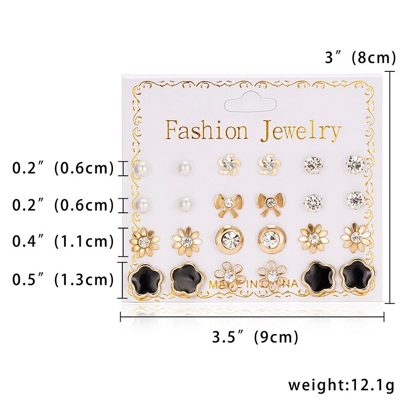 12pairs/set Crystal Bead Stud Earrings Set For Women Geometric Flower Bowknot Pearl Earring Statement Party Jewelry: 8