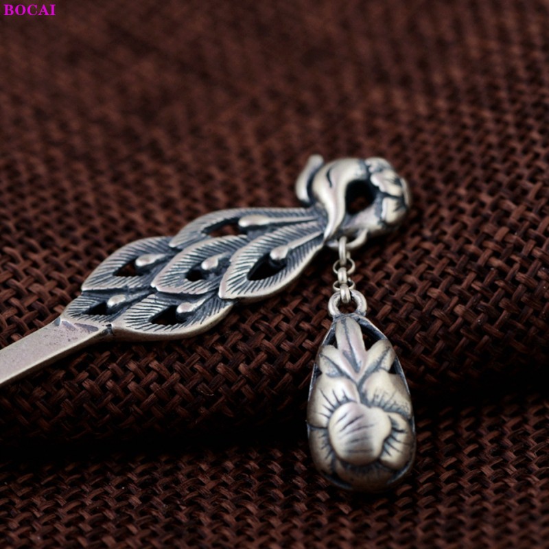 Bocai  s925 haarnadeln aus sterlingsilber mit anhänger, doppelter pfingstrose und phönix-totem-motiv, reines silber, beliebtes schmuckstück für damen