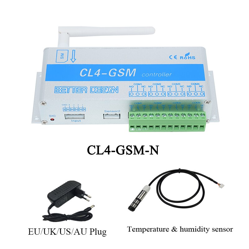 Télécommande GSM SMS 4 canaux, commutateur relais CL4-GSM, prise en charge de la température et de l&#39;humidité, alarme: N withTH sensor