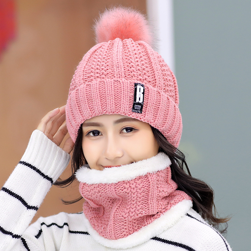 Tørklæde og hat sæt kvinder vinter plus fløjl fortykning hatte strikket trendy varme tørklæder koreanske kvinder solid sød studerende dagligt: Lyserød