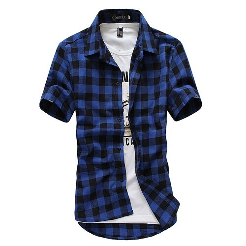 Chemise à carreaux rouge et noir pour homme, tenue d'été décontractée à manches courtes, coupe slim: Plaid bleu foncé / Xxxl