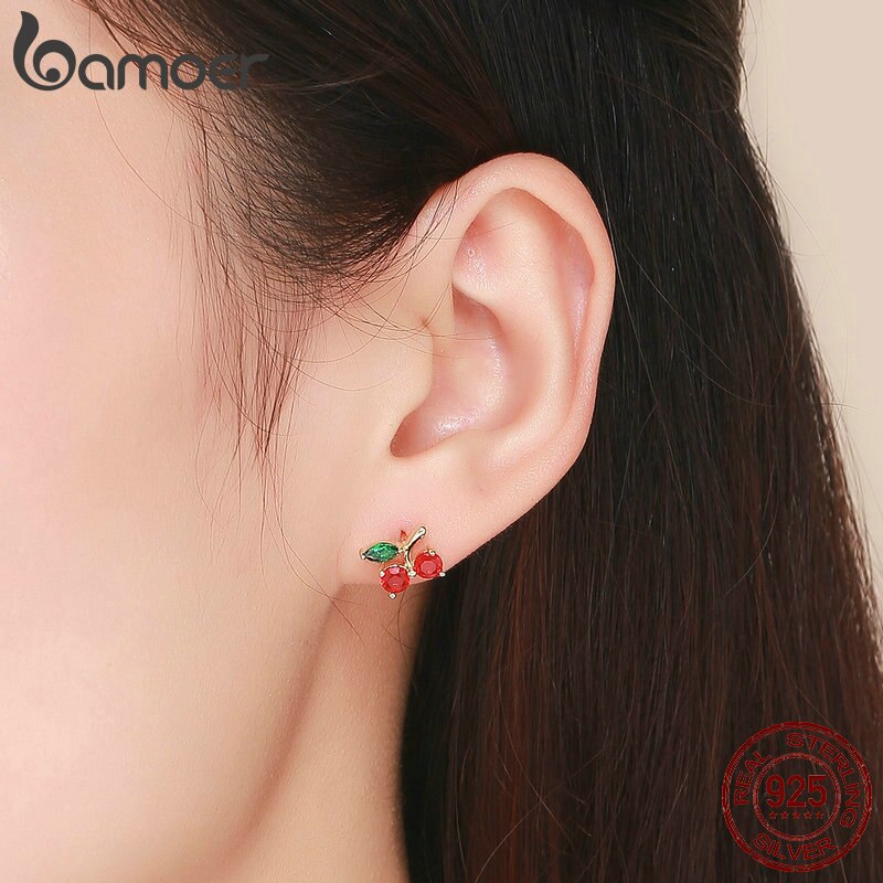 BAMOER 925 Sterling Silver Red Cherry Flower Exquisite Stud Earrings for Women Wedding Engagement Jewelry SCE543