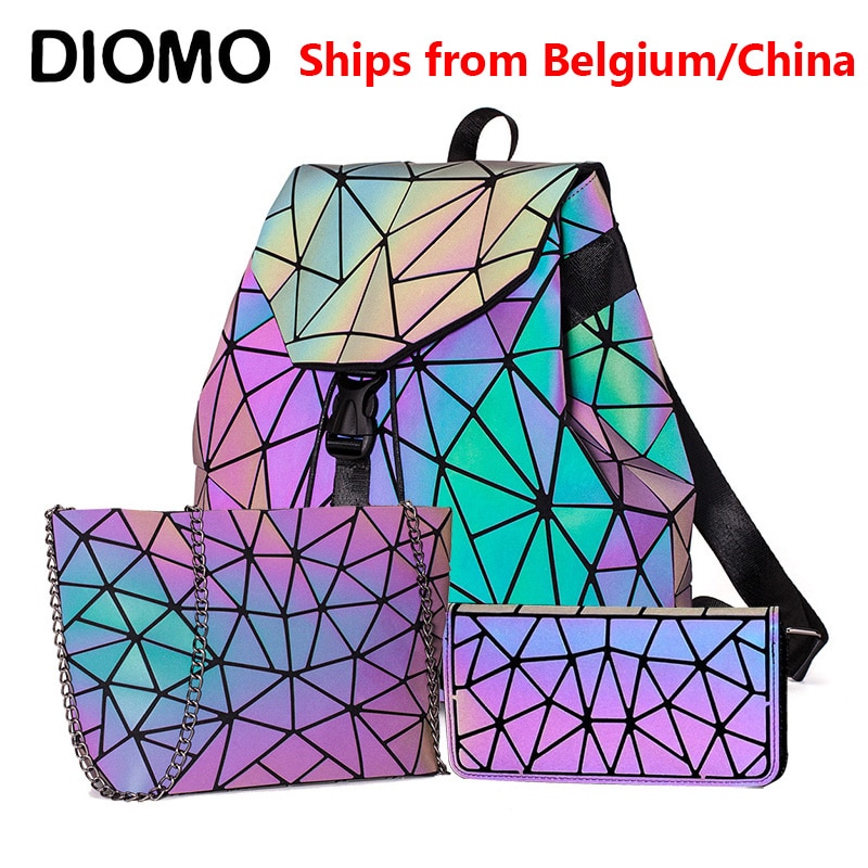 Diomo 2022 feminino conjunto mochila luminosa geométrica lantejoulas sacos para senhoras bagpack reflexivo holográfico sacos