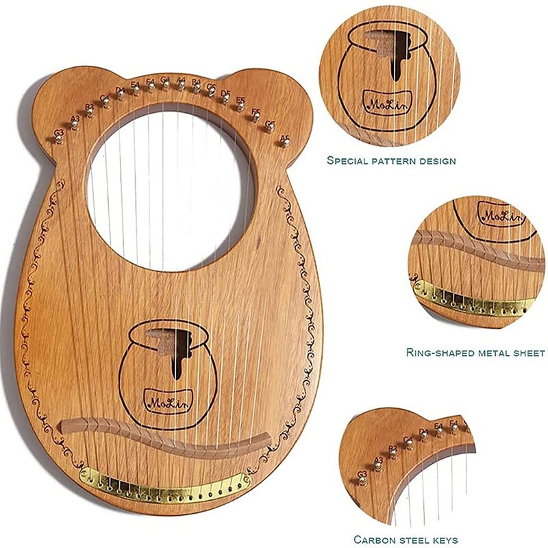 16 mahagoni-leierharfe, leyaqin, mit stimmschlüssel, mini-trageharfe, für musikliebhaber, anfänger, kinder, erwachsene usw.