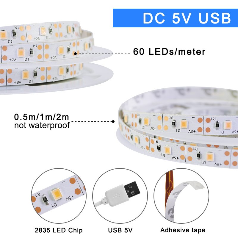 LED Grow luz LED tira 1m 2m 3m 4m 5m espectro completo USB 5Chip SMD 2835 LED lámpara Fito para invernadero planta hidropónica crecimiento