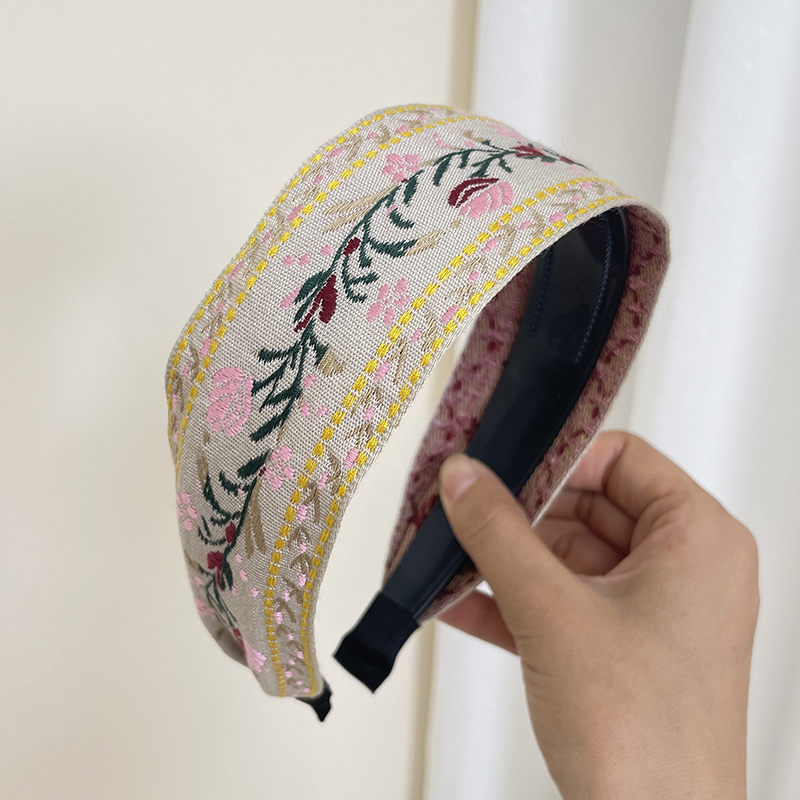 Nuovo stile bohéaspetto ricamo fascia etnica a tesa larga cerchio per capelli foglia fiore modello accessori per capelli copricapo: Colore rosa