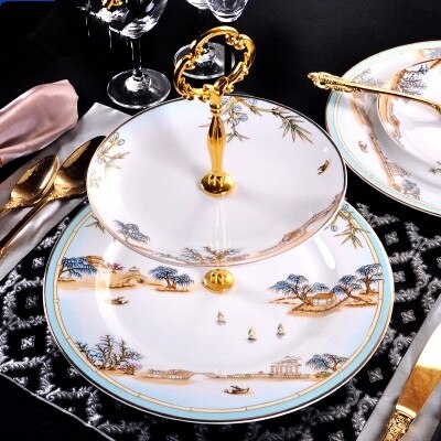 Chinese Style Porcelain Dinner Plates High-end West Lake Hotel Tableware Cutlery Set Decorative Flat Steak Plate