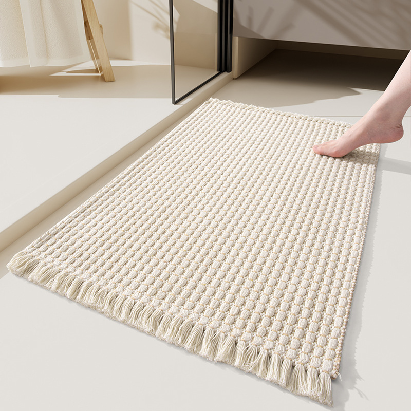 Boho Bathroom Rug with Tassel, Small Cotton Woven Entryway Rug, Reversible Low Profile Door Mat, Modern Farmhouse Carpet: Beige / 400MMx600MM