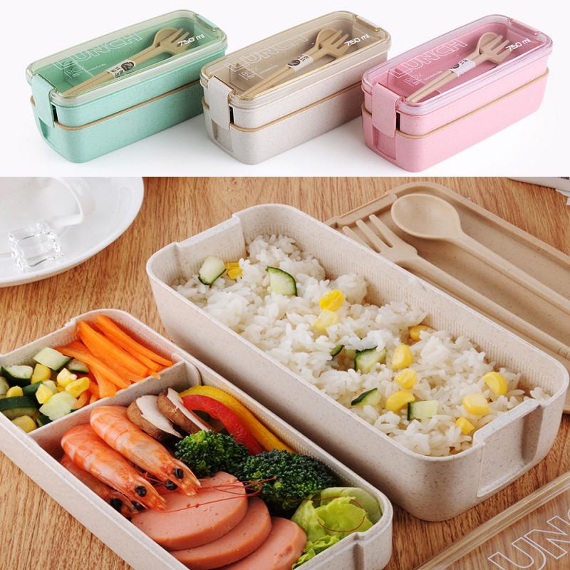 Health Material 2 Layers Lunch Box Microwavable Eco-Friendly Tableware Wheat Straw 750ml Lunchbox Japanese Bento Food Container