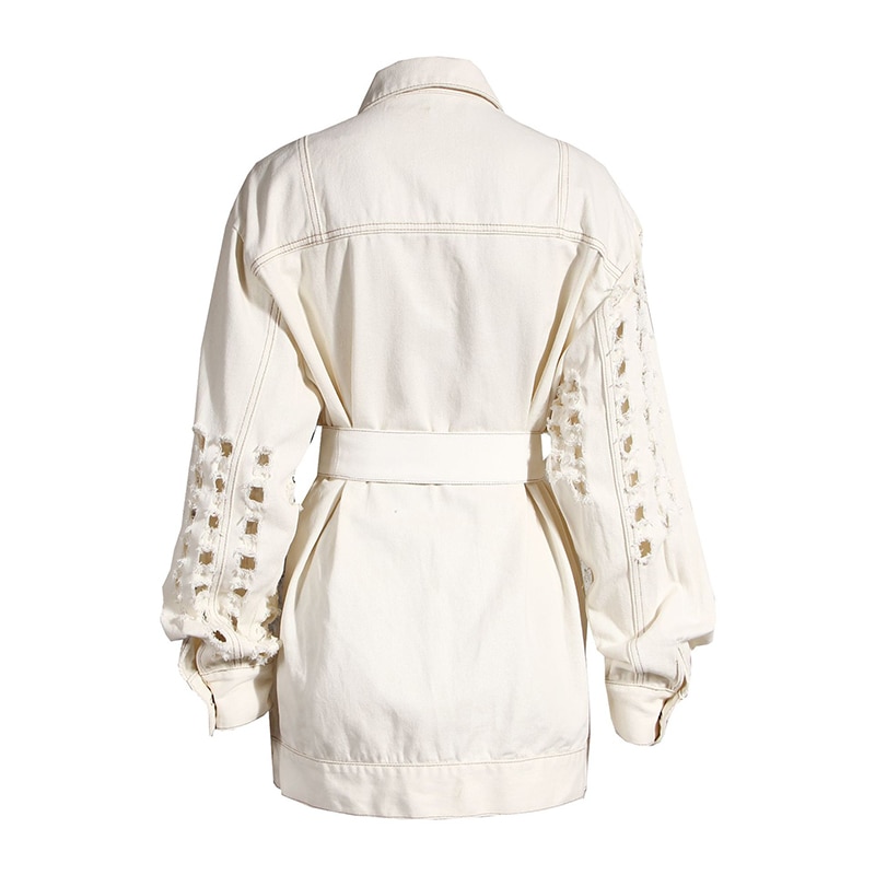 [eam] losse pasvorm beige gaten bandage grote maten spijkerjas revers lange mouw damesjas tij lente herfst 1 y 917