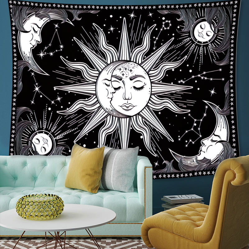 Sun Moon Face Black And White Tapestry Wall Hanging as Wall Art and Home Decoration for Bedroom Living Room Dorm Decor