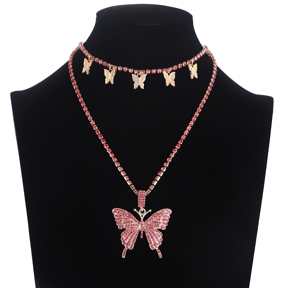 Layered Butterfly Necklace Chain Set Luxury Rhinestones Choker Women Jewellery Pendant Statement Jewelry Bulk