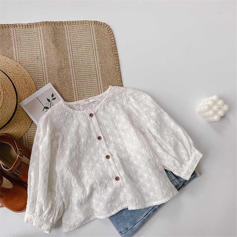 Lente Zomer Baby Meisjes Jacquard Kant Shirts Kinderen Koreaanse Stijl Borduurwerk Casual Tops Kleding: 7T