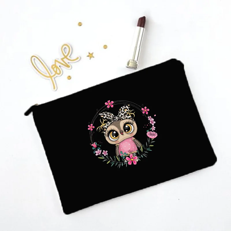 Sac de maquillage imprimé hibou de dessin animé, nécessaire de voyage, pochette de rangement de toilette pour femmes, sacs à cosmétiques en toile à fermeture éclair, meilleur: Orange