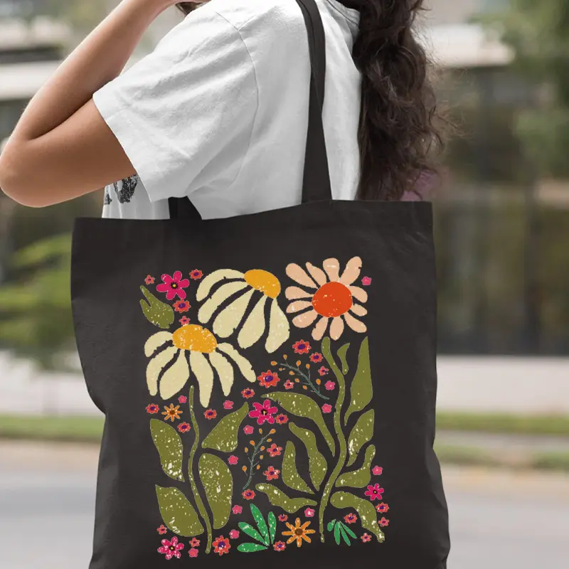 Boho Floral Print Canvas Tote Bag Women's Aesthetics Wildflowers Beach Shoulder Bag Student Casual Travel Floral Trend Handbag: Brown