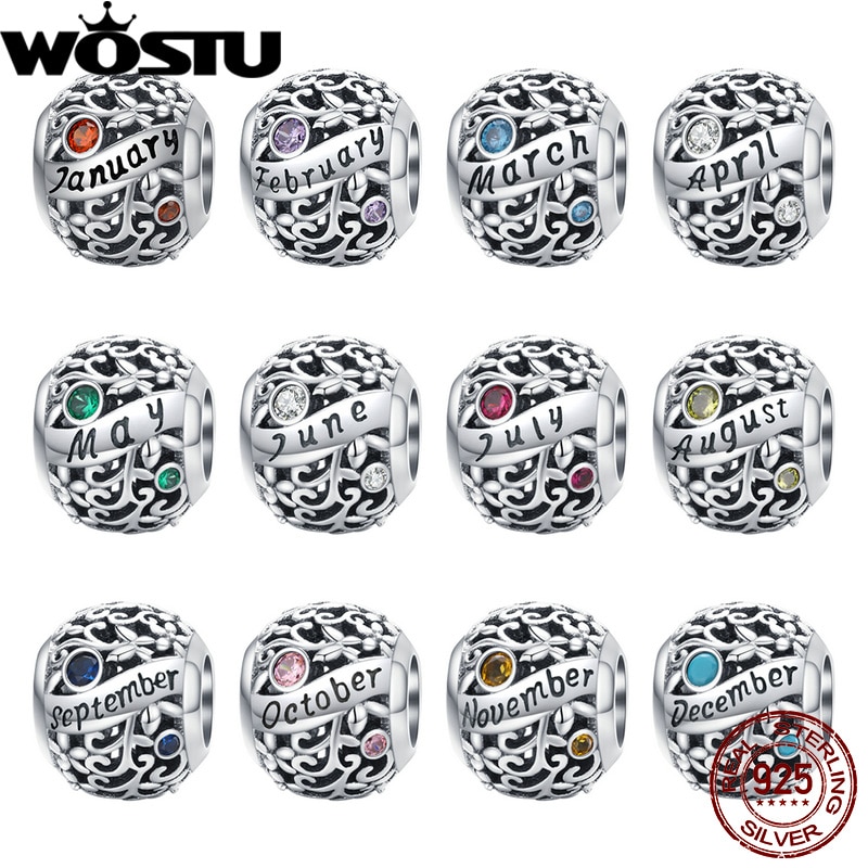 WOSTU 925 Sterling Silver Rotonda Perline Zircone Birthstone 12 Mesi Pendenti e Ciondoli Fit Originale Braccialetto Pendente Del Branello Dei Monili Regalo Di Compleanno