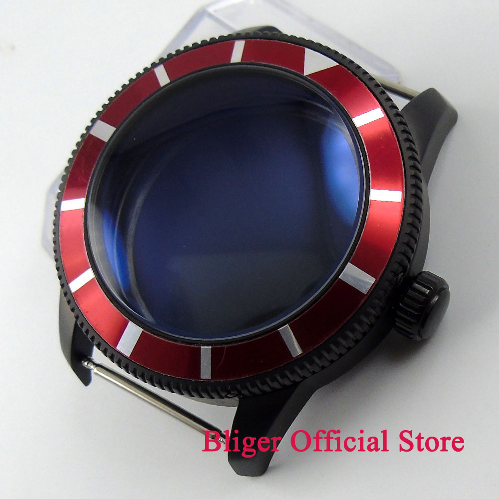 46mm Red Bezel Horlogekast Black PVD Coated 316L Rvs Case Fit 2836 beweging Horloge