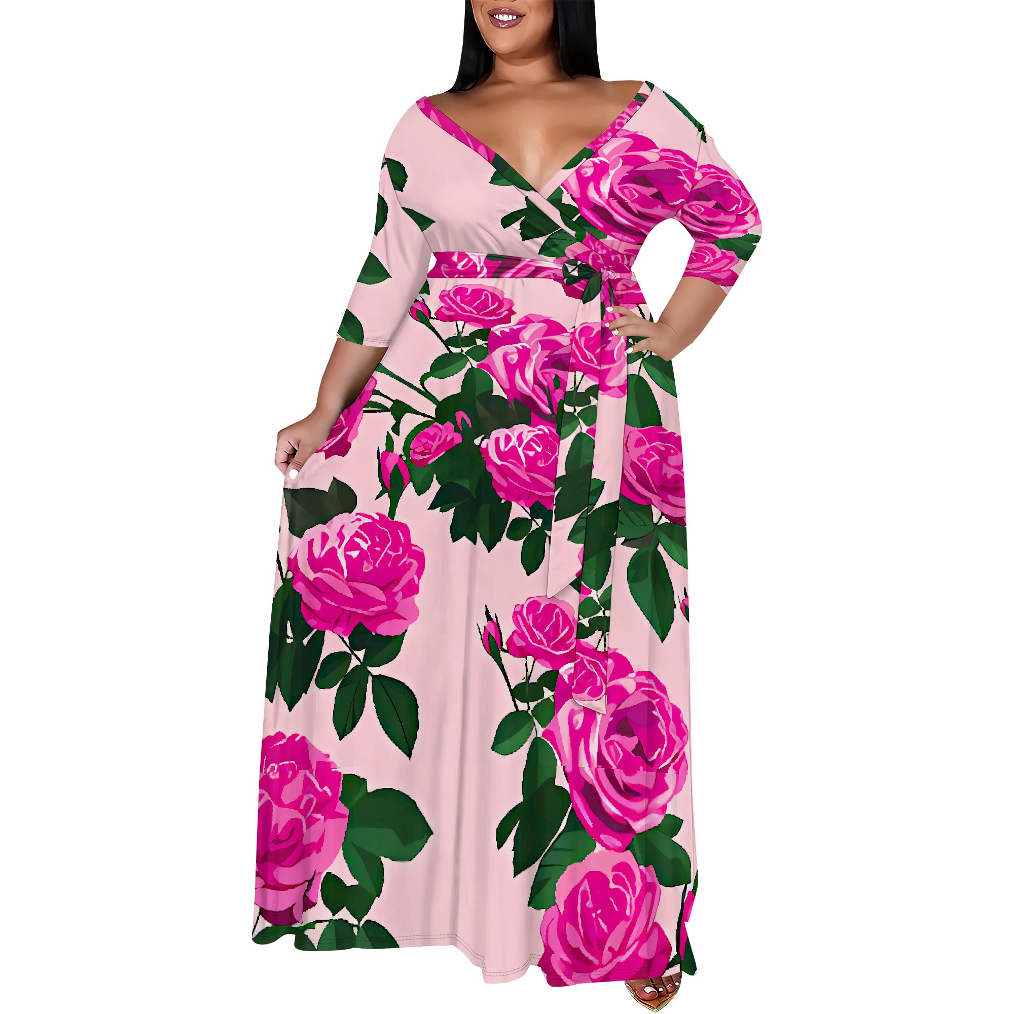 Plus size vit blommig maxiklänning röd pionmönstrad v-ringad omlottklänning fest semesterstil: 5xl / Fuchsia