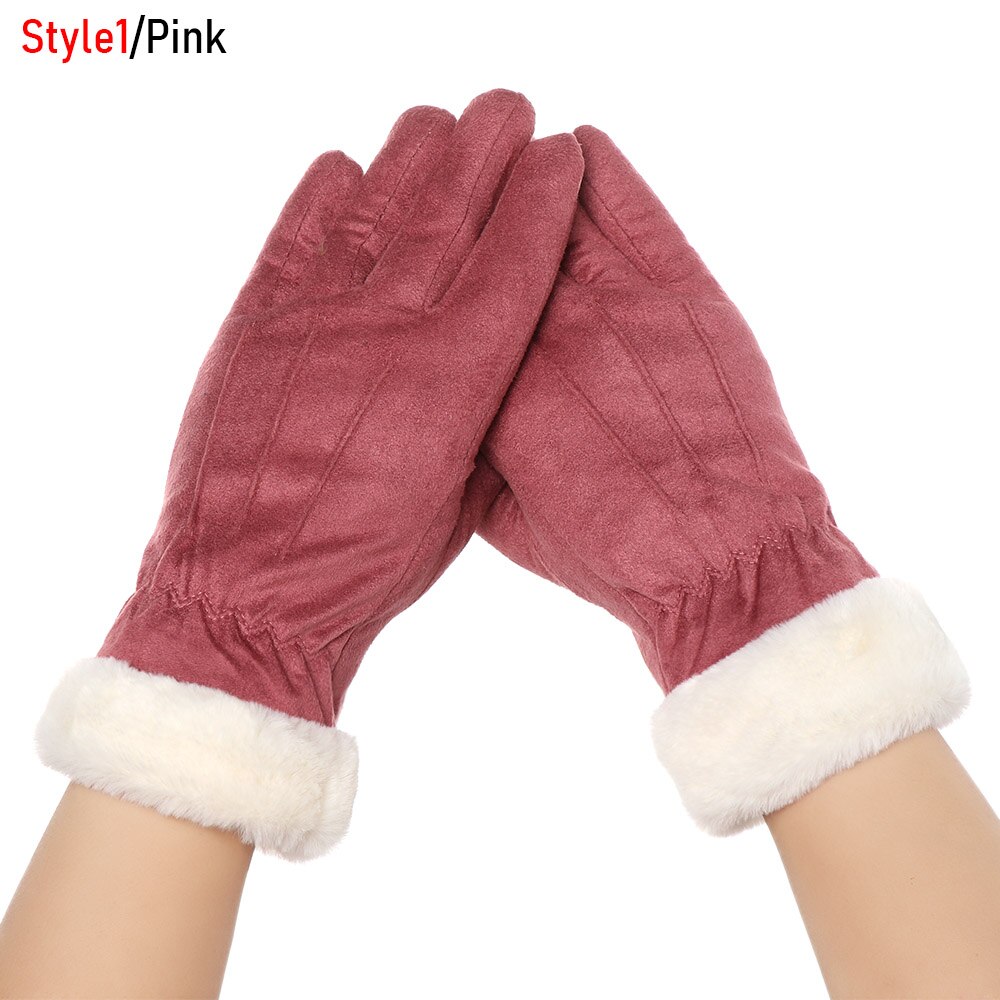 Nuevos guantes de invierno de dedos completos para mujeres mantener el calor lindo peludo guantes de deporte al aire libre más guantes de pantalla táctil de terciopelo: style1-pink