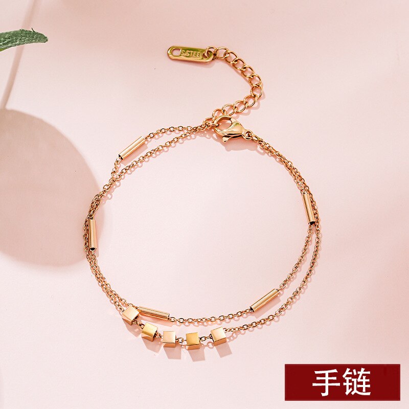 Pulsera de acero y titanio cuadrada, joyería de , pequeña, doble, oro rosa
