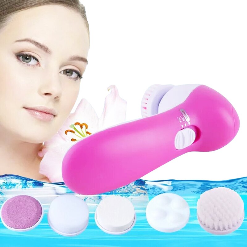 5 In 1 Battery Electric Rotating Facial Cleansing Brush Waterproof Face Cleanser Machine Soft Cleaning Massage Skin Care Tools