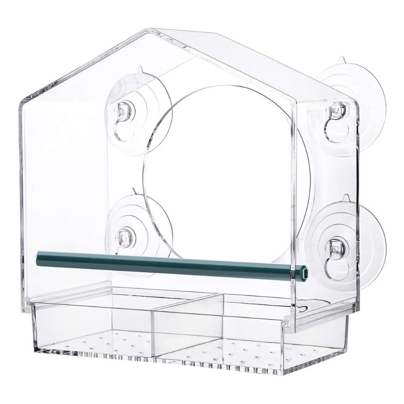 Acrylic Window Bird Feeder Strong Suction Cups Weatherproof with Shield Roof Drain Holes Outdoor Clear Bird House