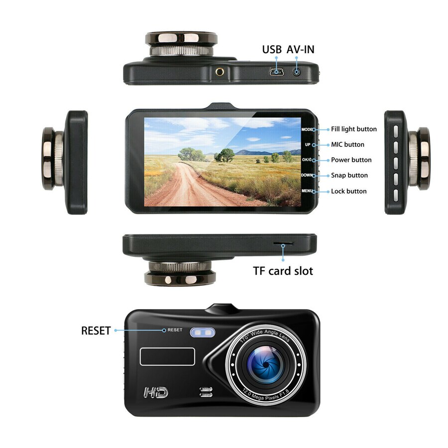 Dual lens dash cam bil dvr kamera fuld  hd 1080p 170 graders videooptager 4 "ips touch screen instrumentbræt med bagfra dashcam