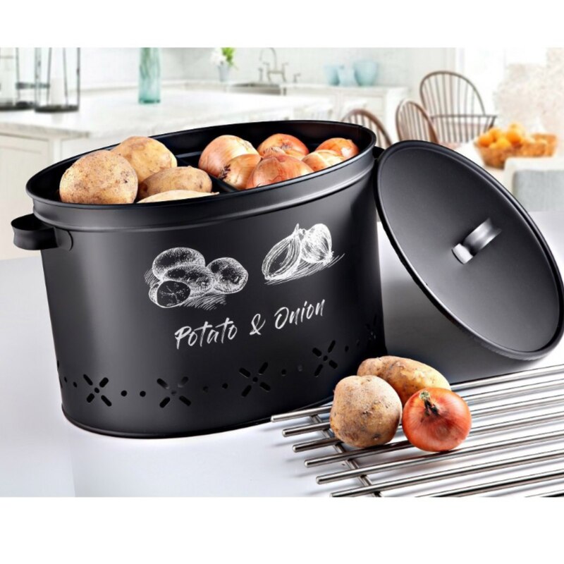 Verse Aardappel Ui Opslag Thuis Keuken Restaurant Moderne Decoratieve Metalen Container Doos Met Twee Compartimenten 18 Liter: BLACK COLOR