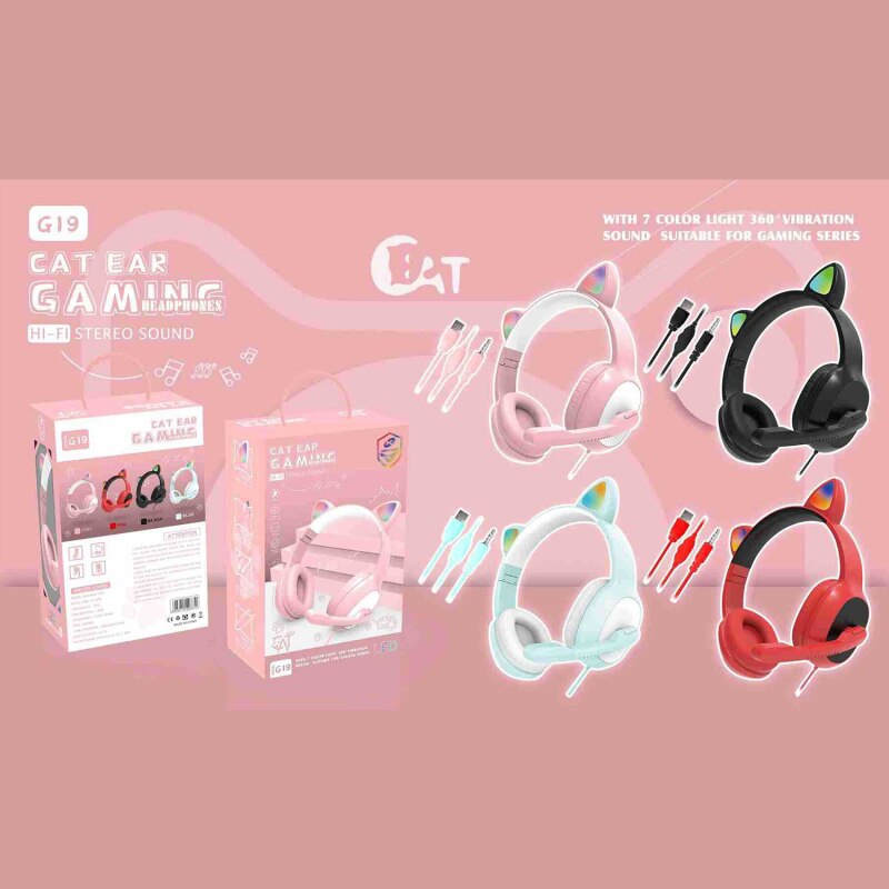 Product G19 Pink Cat Ear Cute Girl Gaming Headset With Mic Noise Reduction Stereo Music RGB Flash Light Wired headphone