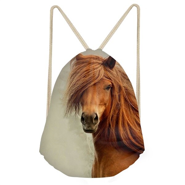 FORUDESIGNS Cool 3D Crazy Horse Print Woman Man Drawstrings Bags Beach Travel Sack Bags Casual Softback Student Backpack: H1452Z3