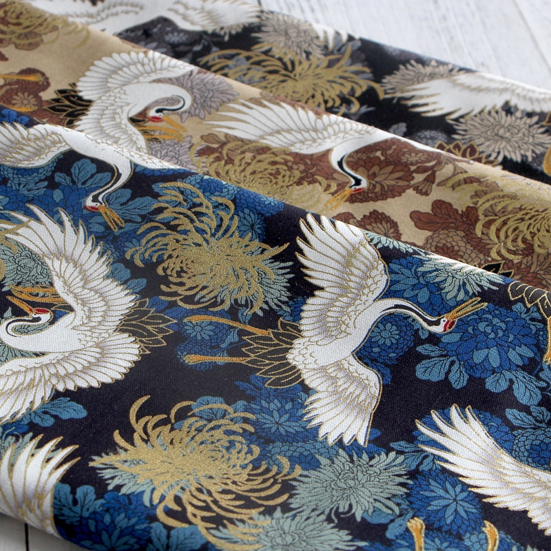 145Cm X 50Cm Japanse Crane Katoen Stof Bronzing Goud Gedrukt Stof Handgemaakte Diy Patchwork Tas Kimono Stof