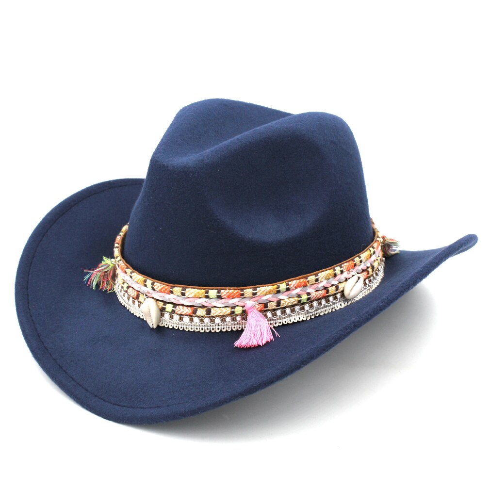 Mistdawn kvinder damer uld bred rand vestlige cowboy hat cowgirl ridning kostume kasket kvast boheme hatbånd størrelse 56-58cm bbd: Marine blå
