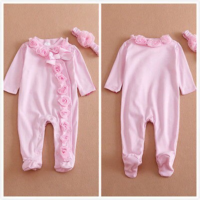 Langermet nyfødt spedbarn baby jenter 0 ~ 7m rosa blomster sløyfe fottøy + pannebånd klær antrekk sett